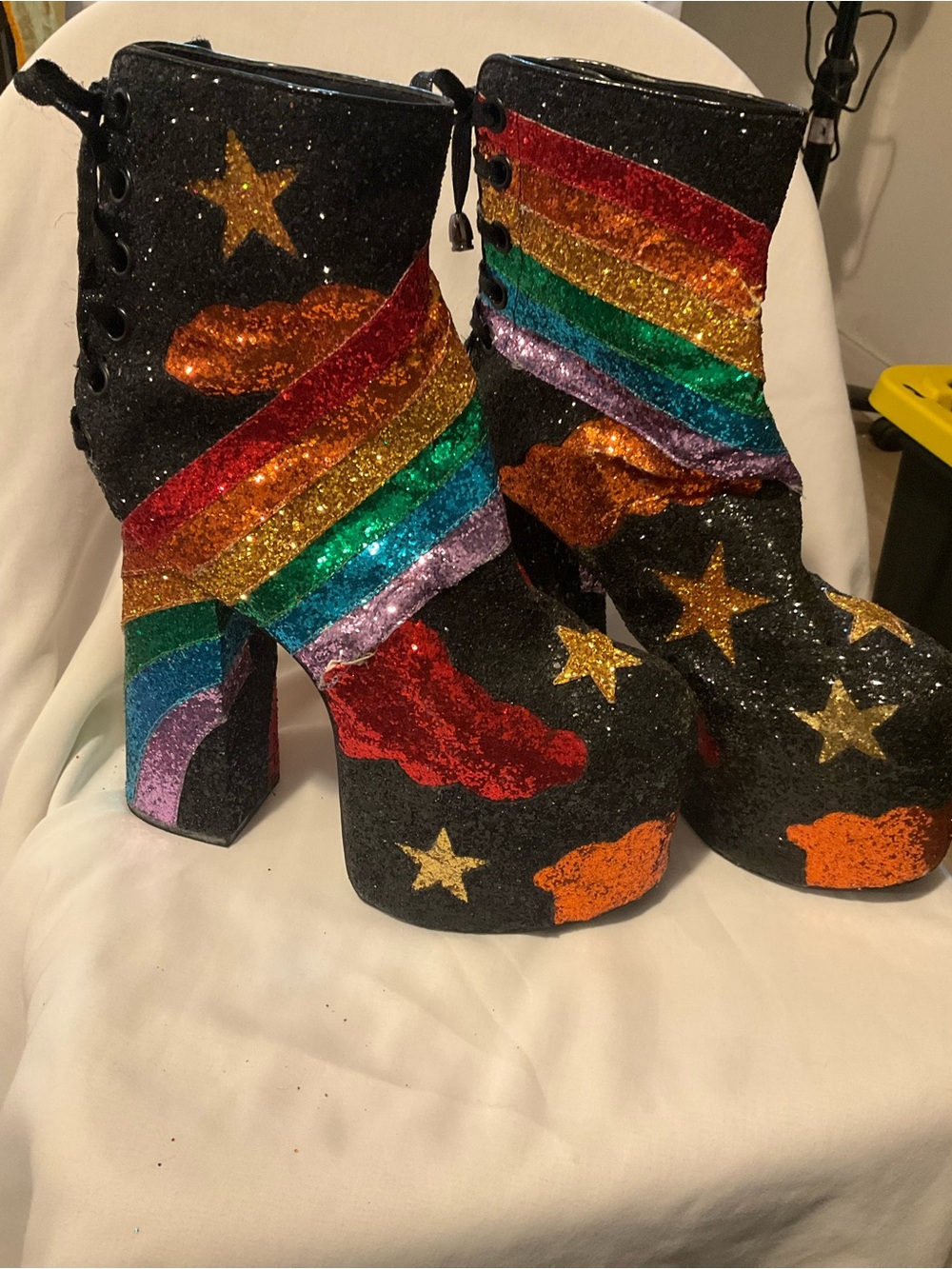 Dolls Kill Stars and Stripes black glitter platform lace back boots size 11w